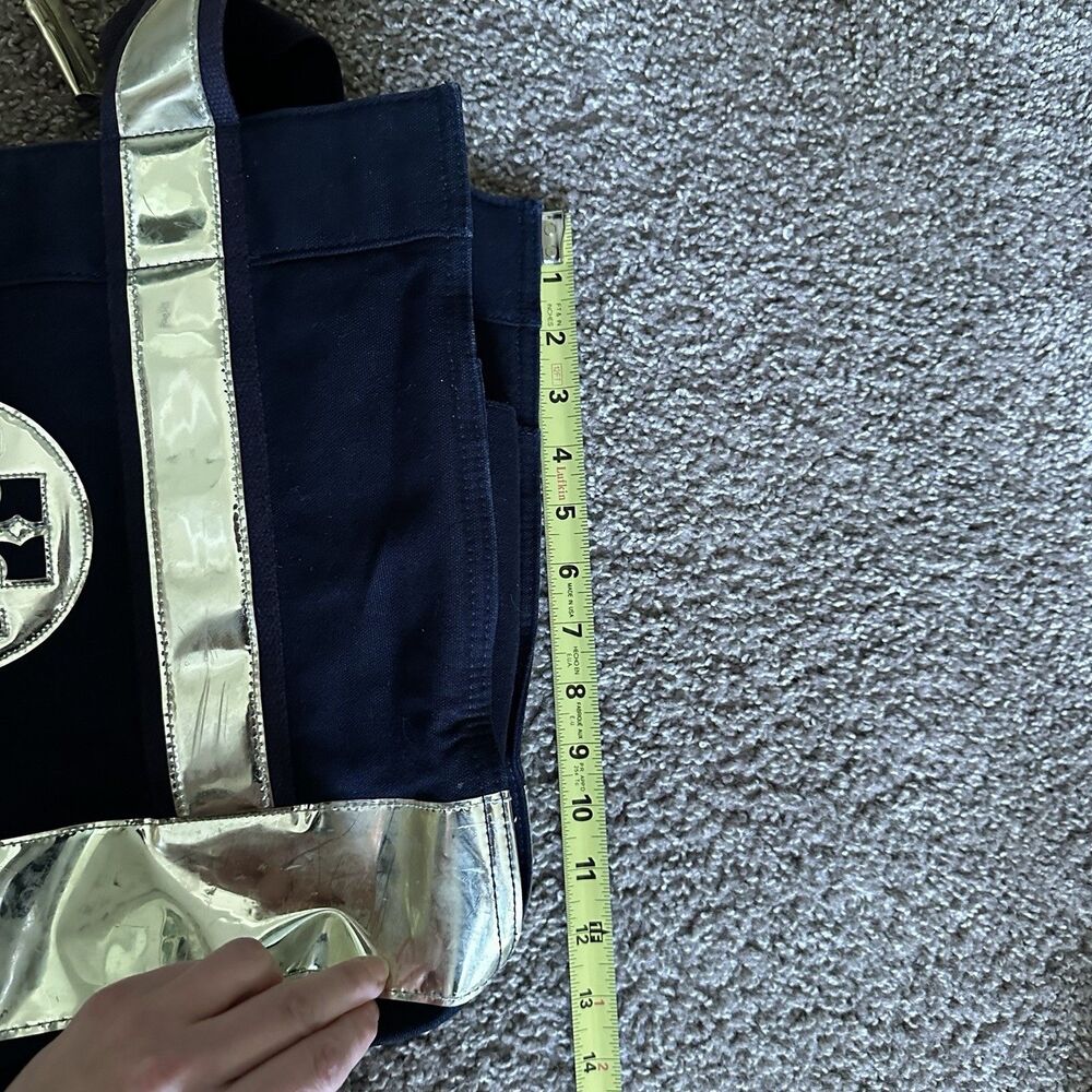 TORY BURCH Large Canvas Tote Navy Blue Shopper Bag Metallic Top Handle - Picture 13 of 16